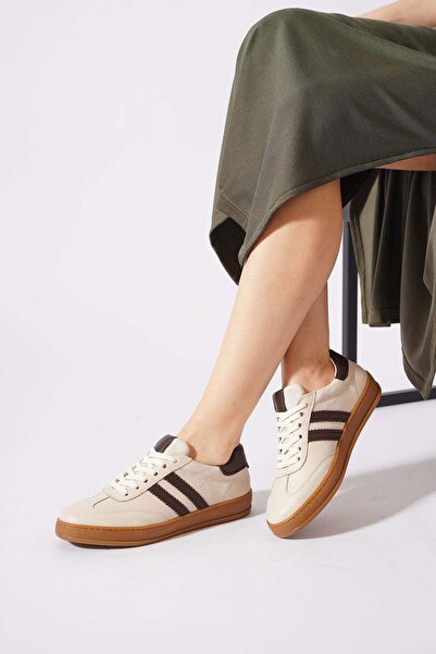 Moda Pie Kalesna genuine leather women's sneakers with side stripes beige - b...