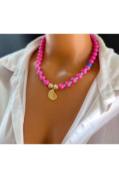 Limi Design Snail Accessory, Glass Bead Pink Necklace, Trendy Accessory, Women's Necklace, Beach Necklace, Pink Necklace