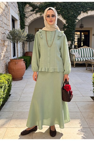 Aselim Hijap Moda Mira Ruffle Detailed 4-Layer Muslin Skirt Set – Mint Green