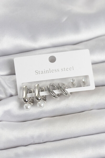 STİLLOVE 316L Steel Silver Color Women's Earring Set