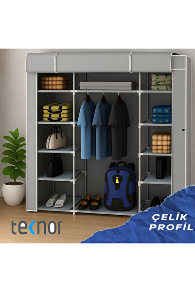 Reyo Teknor Çift Yandan Metal Profil İskeletli Bez Dolap Gri – 11 Raflı Porta...