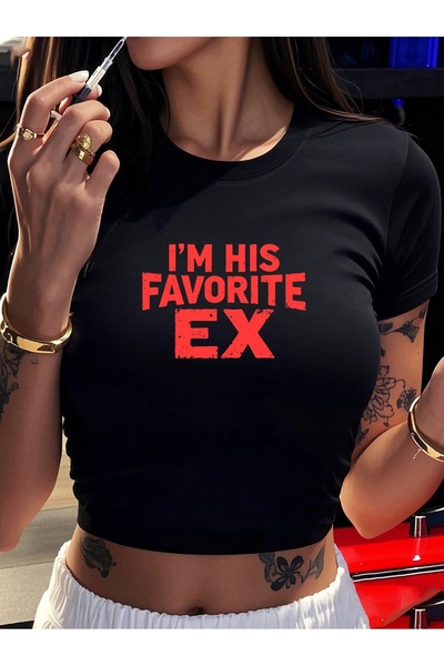 Toum Bluză crop cu imprimeu Kemer Boy I'm His Favorite Ex Slagon