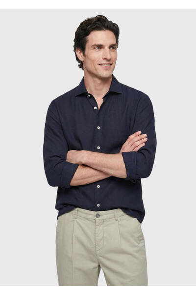 Ramsey Navy Blue Plain Casual Fit Long Woven Casual 100% Linen Shirt