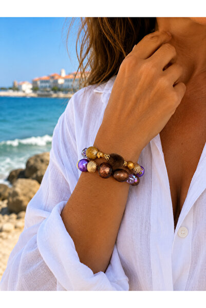 COCOSH TAKI Purple Brown Turquoise Gold Detailed Large Beaded Multi-Combinati...