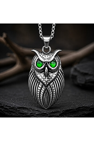 voyageaccessory Stainless Steel Wisdom Symbol Green Zircon Stone Owl Pendant