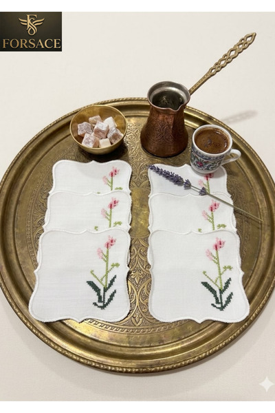 FORSACE 6 Adet Floral Kanaviçe Nakışlı Miyuki Kenar Keten Sunum Peçetesi Bardak Altlığı