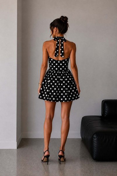 Vadon 1016 Women's Polka Dot Backless Halter Neck Mini Dress Black