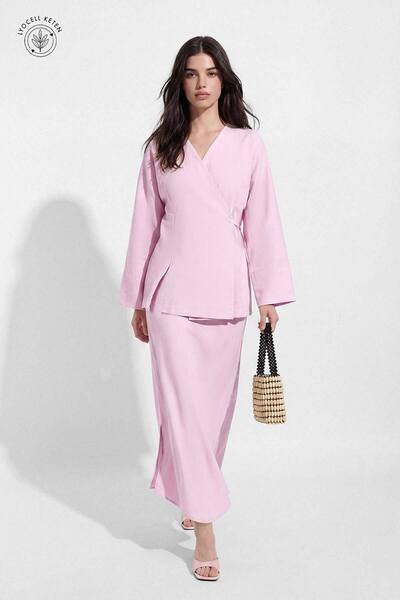 Hooopstore Lyocell Keten Kimono Pastel Pembe Etekli Takım