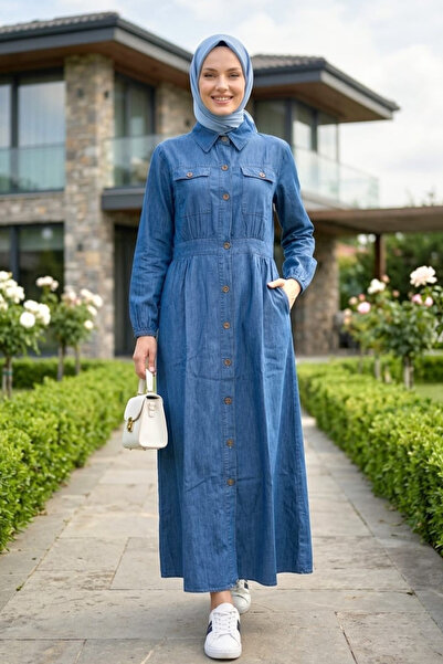 Hb Harma Time Butik Women's Buttoned Dark Blue Denim Hijab Dress