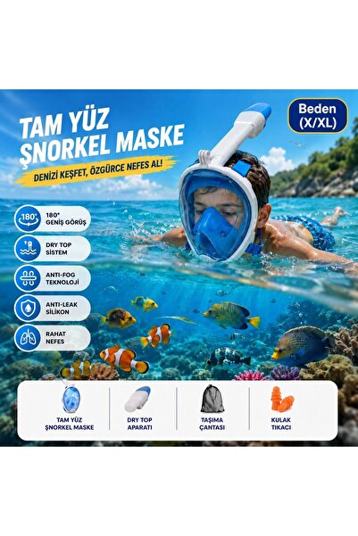 HyMark Tam Yüz Şnorkel Maske (L-XL) Beden Panoramik Görüşlü Deniz Gözlüğü Dry...