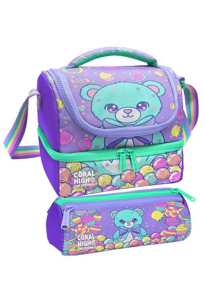 Coral High Girl's Purple Green Teddy Bear Patterned Two-Tier Lunchbox and Pen...