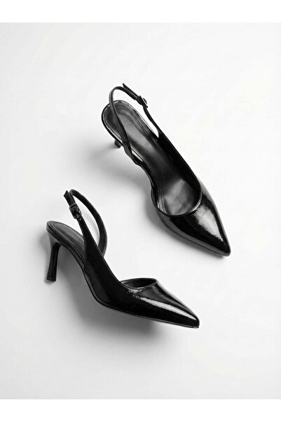 v.s.h velvet Stiletto negru cu vârf ascuțit și curea la spate pentru femei | ...