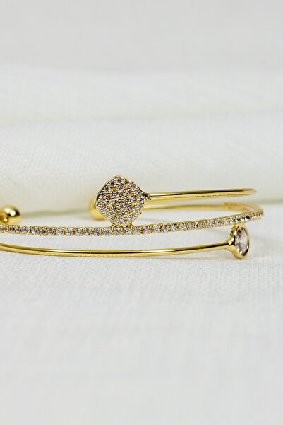 Süspüs Accessories Oval Stone Figured Stone 3 Row Gold Bracelet
