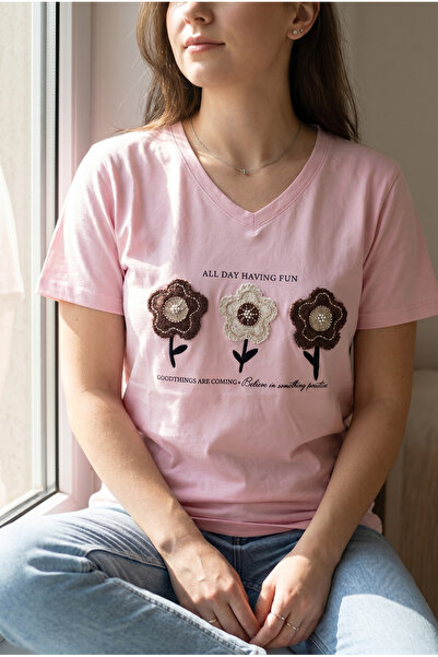 FEMELLE Pink V-Neck Beaded Embroidered 100% Cotton T-Shirt