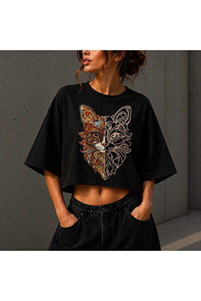 NUATEX Tricou crop pentru femei, cu imprimeu artistic cu față de vulpe, supra...