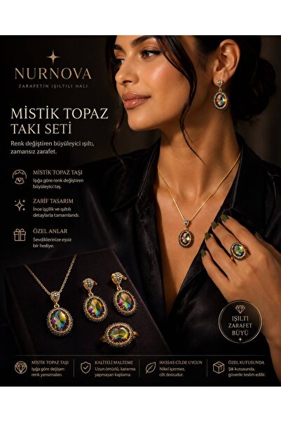 Nurnova 4005 Kadın Bronz Takı Mistik Topaz Taşlı 3'lü Takı Seti (Kolye, Küpe,...