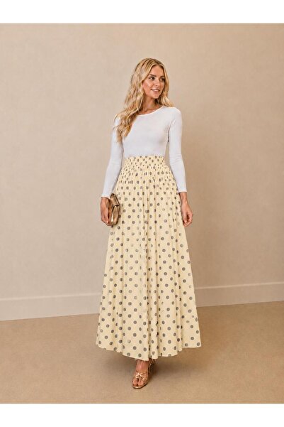 ELBİSHE Elastic Waist Polka Dot Lined Chiffon Skirt