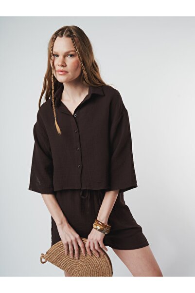 citycenterfashion Women's Collared Buttoned Pocketless Short Muslin Bat Sleev...