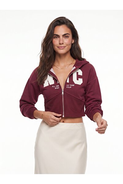 ONLOOX Burgundy Cotton Three-Thread Raster Hooded Crop Nyc Embroidered Zipper...