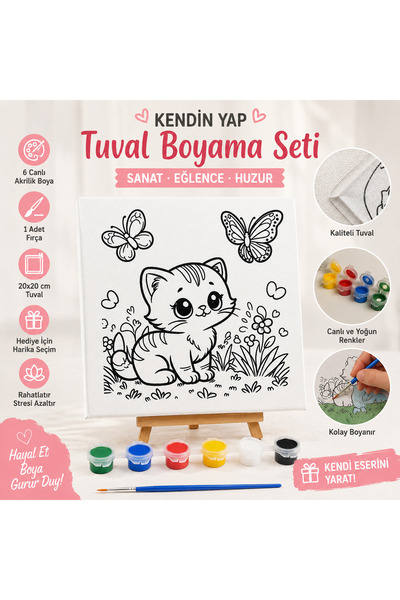 MİNDO 20x20 Çocuklar İçin Boyama Tuval Seti- 6 Renk Boya + Fırça Dahil- Eğiti...