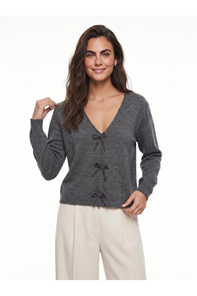 ONLOOX Anthracite Knitwear Fabric V-Neck Standard Cut Long Sleeve Cardigan wi...