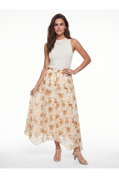 ONLOOX Orange Crush Effect Chiffon Elastic Waist Asymmetrical Cut Lined Flora...