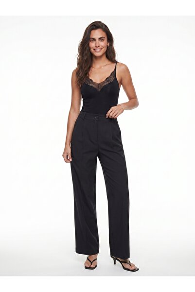 ONLOOX Black Draped Fabric High Waist Wide Leg Pleated Palazzo Trousers with ...