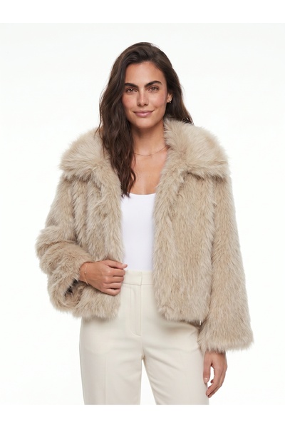 ONLOOX Beige Polyester Fabric Wide Collar Faux Fur Lined Long Sleeve Comforta...