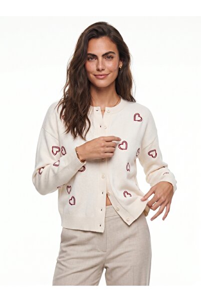 ONLOOX Cream Knitwear Crew Neck Buttoned Long Sleeve Cardigan with Heart Embr...