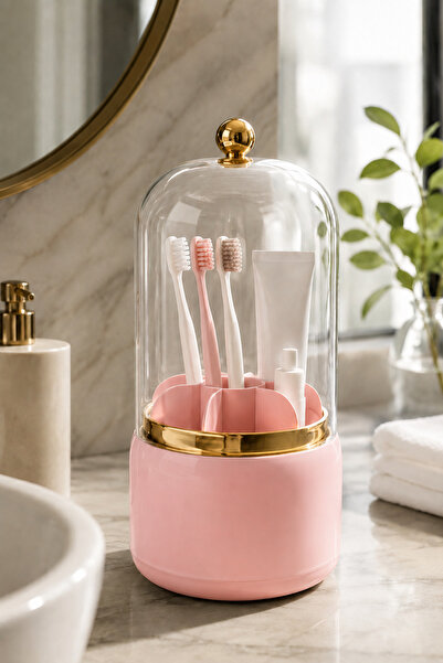 Poomy 7 Bölmeli Kapaklı Diş Fırçalık Gold Detaylı Banyo Düzenleyici Organizer