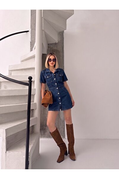 yourshıne denım co. NAVY PLAVA DENIM JEANS HALJINA SA PREDNJIM I ZADNJIM PLIS...