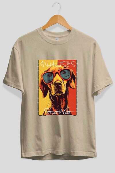 Ankhises For Dog Lovers 26 Front Dog Prints Beige Oversize T-Shirt 100% Cotto...