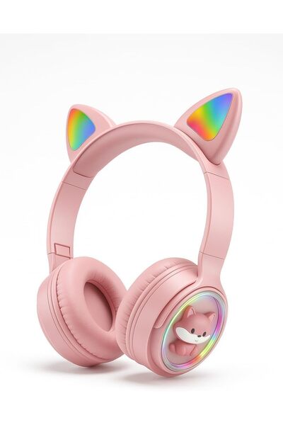 Generic Cat Ear Stereo Headset with RGB LED Lights – Wireless/Wired Over-Ear Headphones, Pink Color, M31