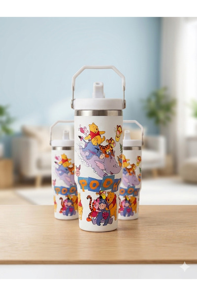 Mutluanlar Hediyelik POOH Figürlü Pipetli PREMIUM SUS 304 PASLANMAZ ÇELİK TER...