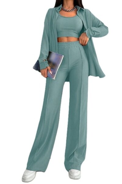 StreetWear Outlet Set de damă, 3 piese, Pantaloni, Maiou și Bluză, Verde pal, L
