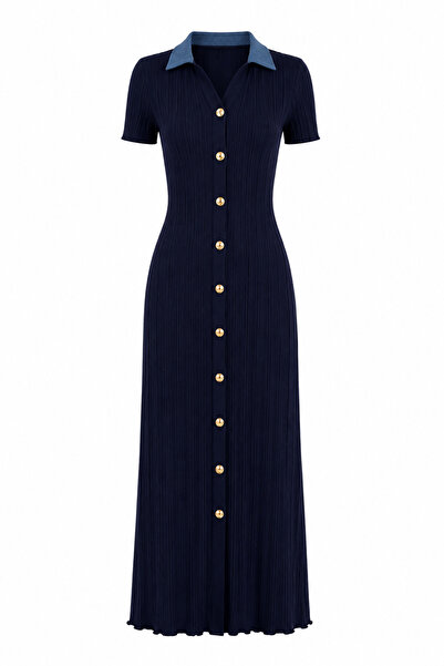 HAZELANNA Denim Garnili Lacivert Triko Elbise