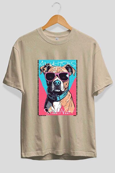 Ankhises For Dog Lovers 46 Front Dog Printed Beige Oversize T-Shirt 100% Cott...