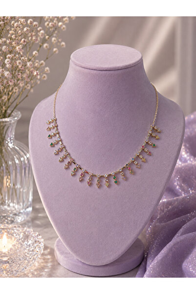 JEWELERY Prism Renkli Taşlı Zarif Pirinç Gold Kadın Kolyesi