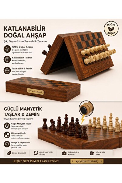 e-life shop Kişiye Özel İsimli Lüks Ahşap Manyetik Satranç Takımı 30 cm Katla...
