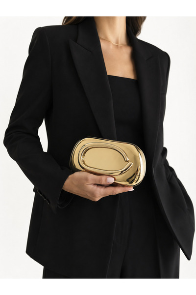 Mirel çanta OVAL FORMLU GOLD AKSESUARLI CLUTCH GOLD ÇANTA