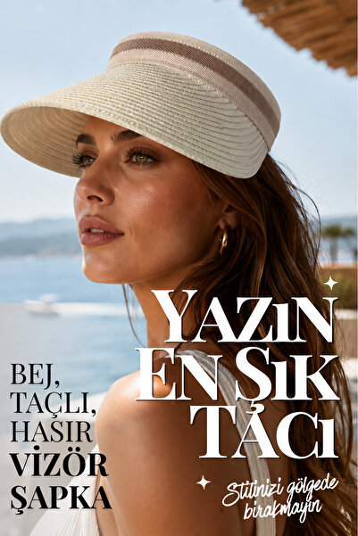 Handmade Bej Hasır Vizör Şapka Kadın Güneş Şapkası Taçlı Yazlık Plaj Şapkası ...