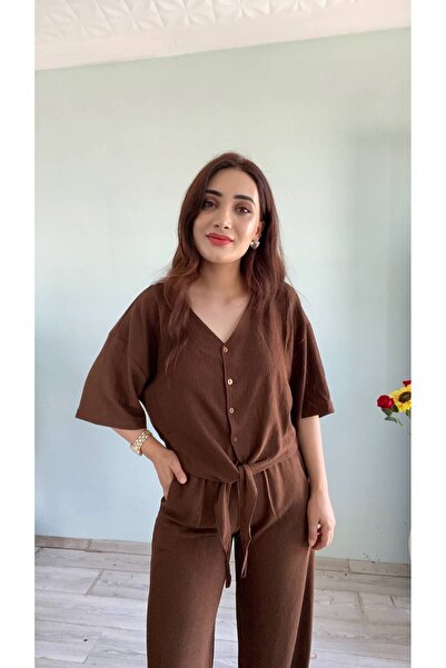 EGELİMODA طقم بجيوب وحزام خصر مرن بتفاصيل ربط مزدوجة من بوروموك