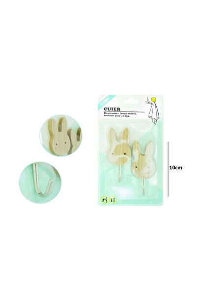 idei Set 2 Cârlige Adezive cu Cap Lemn, Formă Iepure, 10 cm, Capacitate 1,5 k...