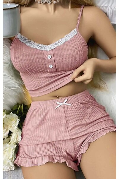 LUNNESSA Pudra pembe dantel detaylı askılı şortlu pijama takımı