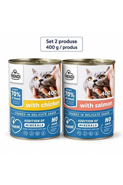 FRENDİ Cat, hrana umeda pentru pisici, Set 2 conserve, Mix Pui, Somon, 2 x 400 g