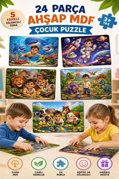 kutuTR 24 Parça Ahşap MDF Puzzle Seti 18x25 cm – Eğitici ve Eğlenceli Çocuk Yapbozu 5'Lİ SET 24P5SET001