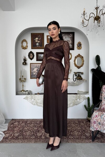 Caddebostan Moda Lace Detailed Long Sleeve Transparent Evening Dress Stylish ...