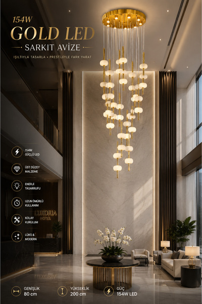 Elvora Home Modern (PREMİUM) Gold LED Sarkıt Avize Dekoratif Lüks Salon Otel ...