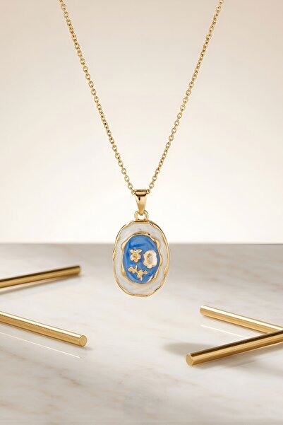 bacc Vintage Enamel Medallion Necklace with Blue Rose Figure