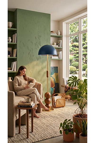 Vinner Lacivert Lambader Retro Tasarım Ahşap Detaylı Metal Gövdeli Modern Dek...